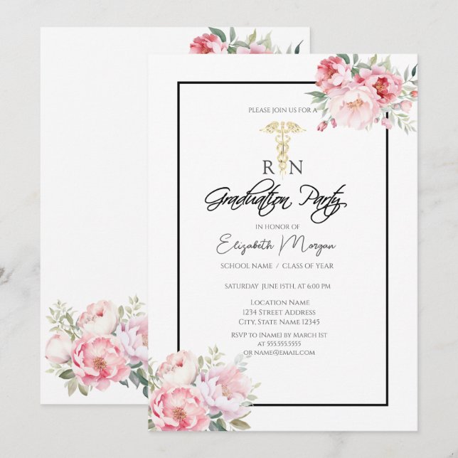 Boho Roses Black Frame RN Nurse Graduation Party  Invitation (Front/Back)