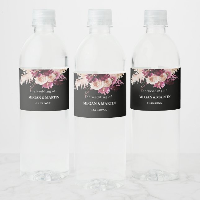 Boho Roses Burgundy Black Wedding Bottle Label (Bottles)