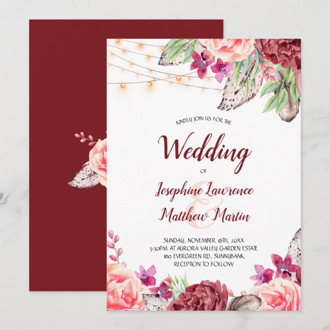 Boho Roses Feathers Lights Wedding Invitation (Front/Back)