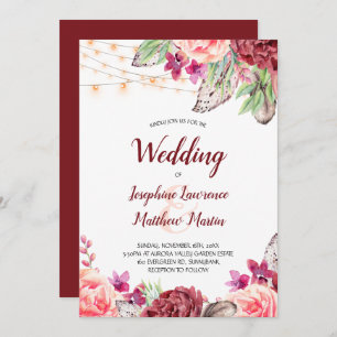 Boho Roses Feathers Lights Wedding Invitation
