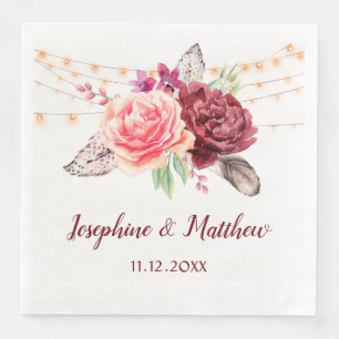 Boho Roses Feathers Lights Wedding Napkin