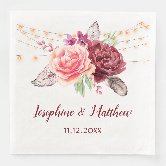 Boho Roses Feathers Lights Wedding Napkin (Front)