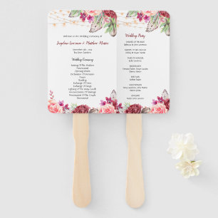 Boho Roses Feathers Lights Wedding Program Hand Fan