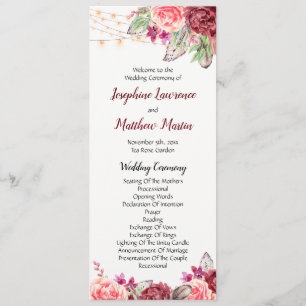 Boho Roses Feathers Lights Wedding Programme