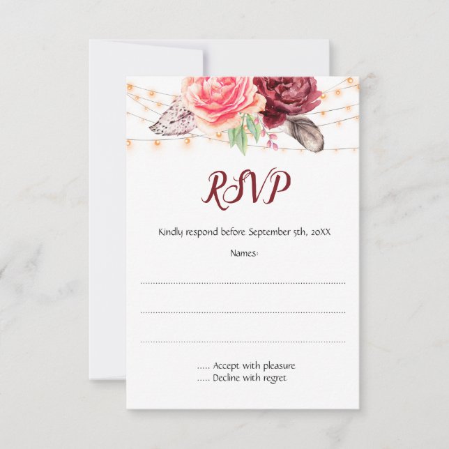 Boho Roses Feathers Lights Wedding RSVP Card (Front)