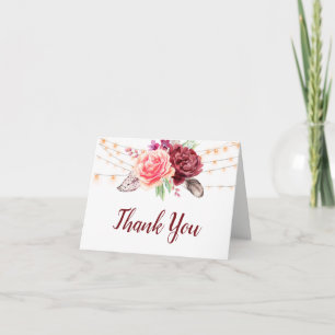 Boho Roses Feathers Lights Wedding Thank You Card
