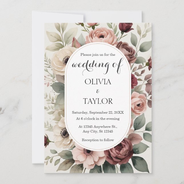 Boho Roses Floral Rustic Wedding Invitation (Front)