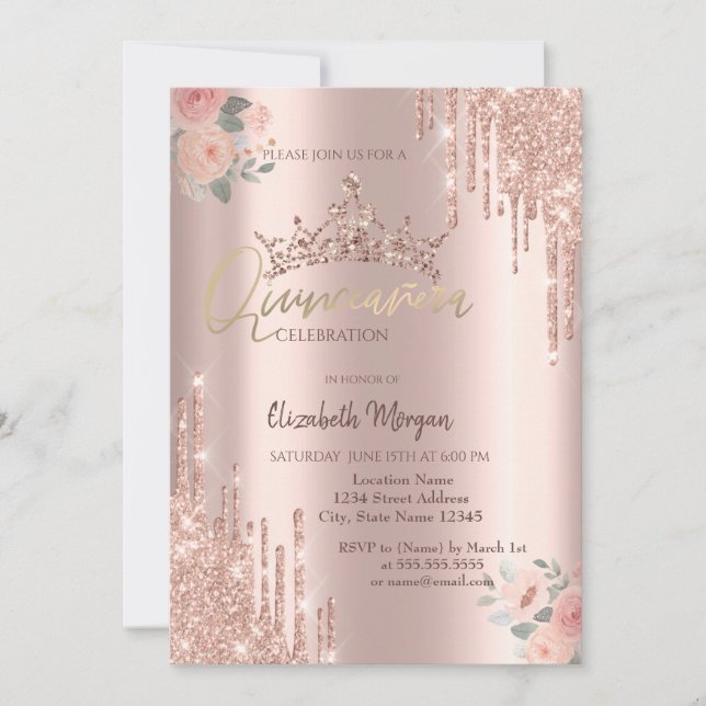 Boho Roses  Glitter Crown Drop Quinceañera  Invitation (Front)