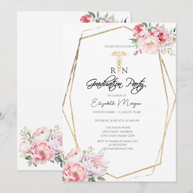 Boho Roses Gold Frame RN Nurse Graduation Party  Invitation (Front/Back)