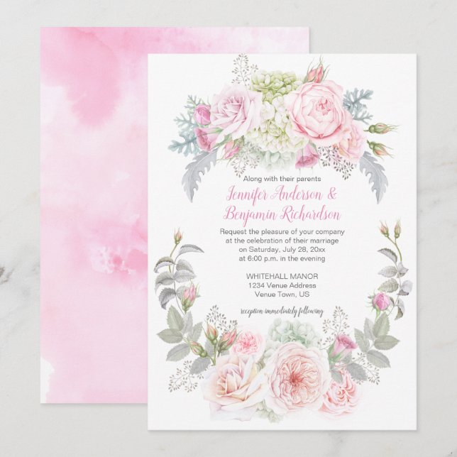 Boho Roses Hydrangeas Floral Wedding Invitations (Front/Back)