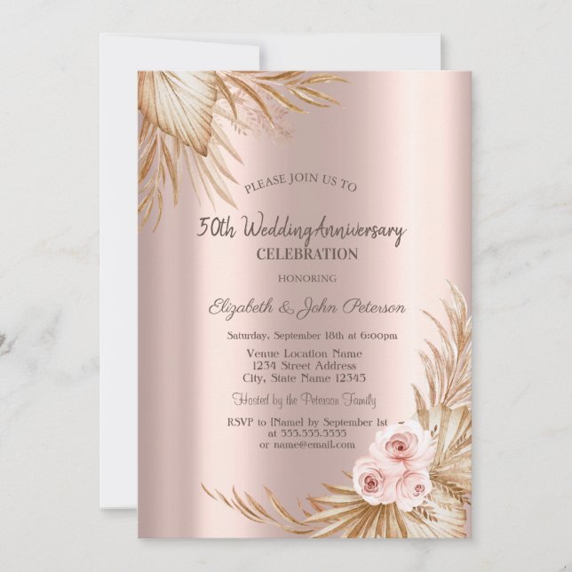 Boho Roses Pampas Rose Gold Wedding Anniversary Invitation (Front)