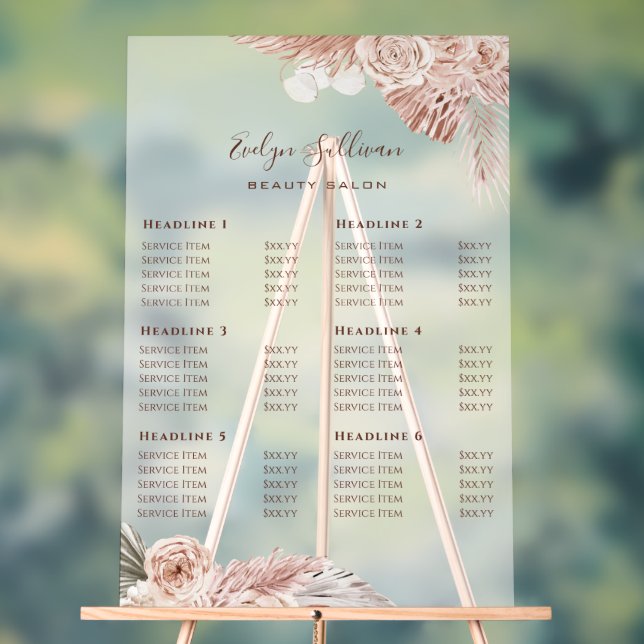 Boho Roses Price List Acrylic Sign (Neutral)