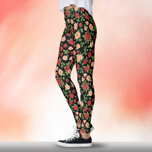 Boho Roses Red and Pink Watercolor Floral Black Leggings