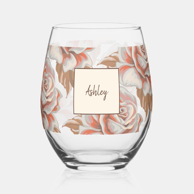Boho Roses Stemless Wine Glass (Front)
