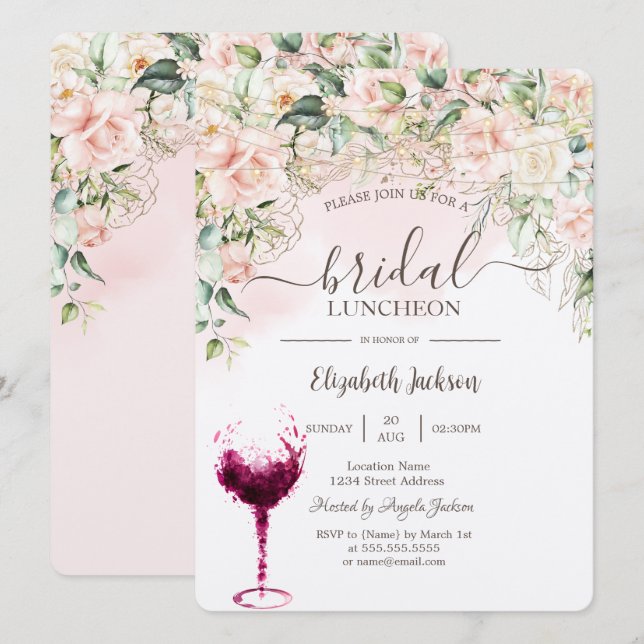 Boho Roses,Wine Glass Bridal Luncheon Invitation (Front/Back)