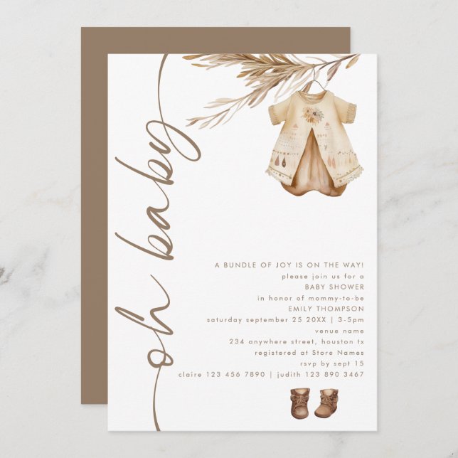 Boho Rotated Script Clothes Oh Baby Shower Invitation (Front/Back)