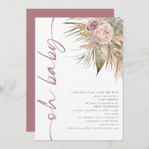 Boho Rotated Script Pampas Pink Oh Baby Shower Invitation
