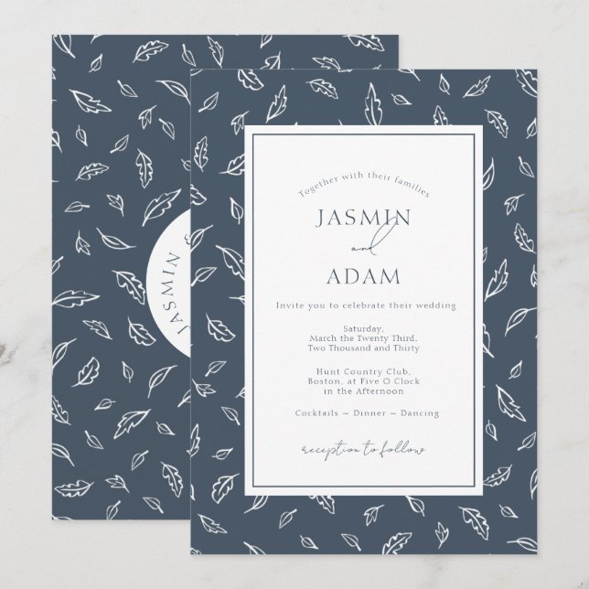 Boho Royal Blue Opulence Leaves Photo Wedding Invitation (Front/Back)