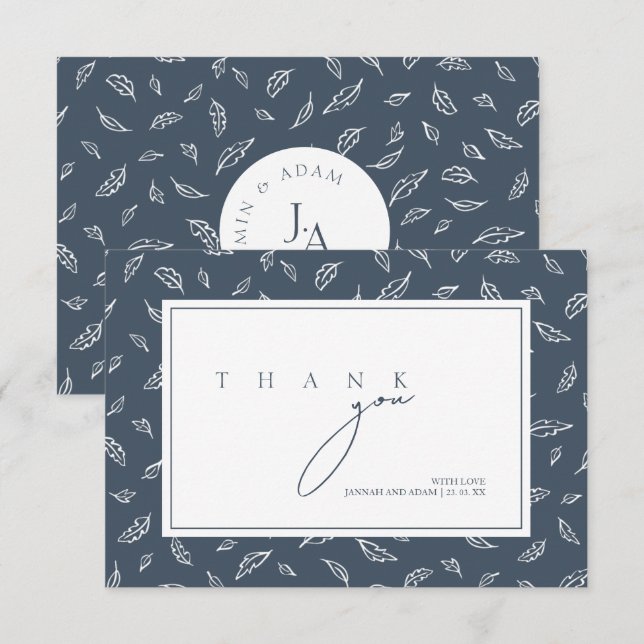 Boho Royal Blue Opulence Leaves Photo Wedding Thank You Card (Front/Back)