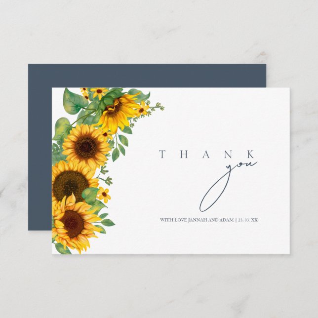 Boho Royal Blue Opulence Sunflower Wedding Thank You Card (Front/Back)