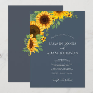 Boho Royal Blue Opulence Sunflowers Wedding Invitation