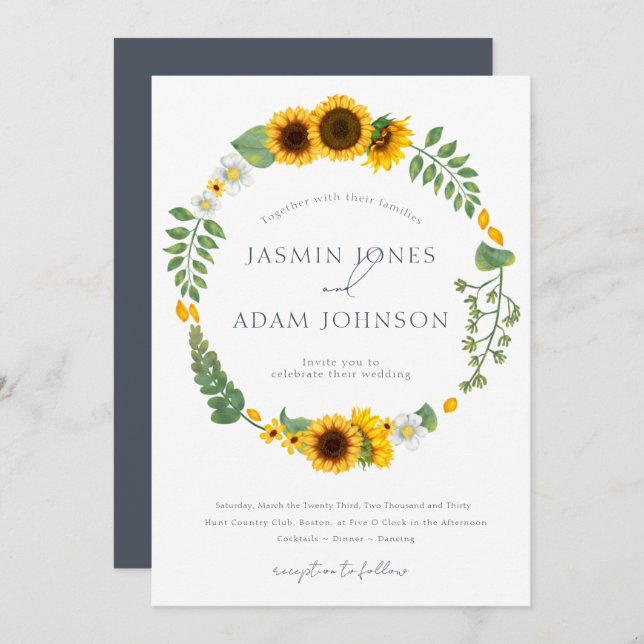 Boho Royal Blue Opulence Sunflowers Wedding Invitation (Front/Back)