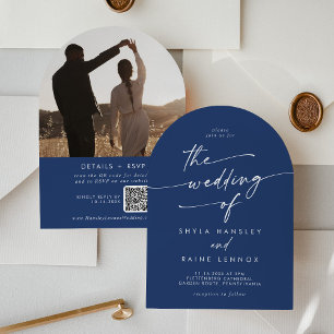 Boho Royal Blue Photo QR Code Arch Wedding Invitation