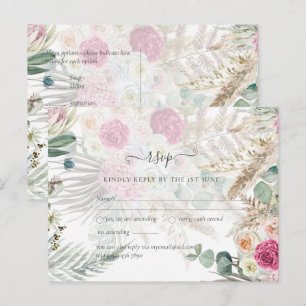 BOHO RSVP Pink Floral Pampas Grass Wedding Postcard