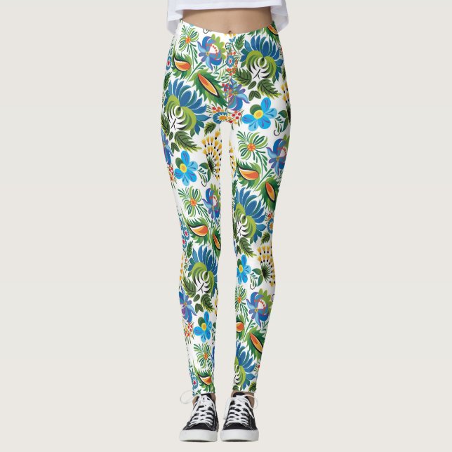 Boho Russian Folk Art Floral Pattern Leggings (Front)