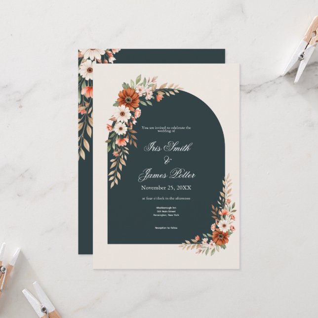 Boho Rust and White Daisy Wedding Invitation (Front/Back In Situ)