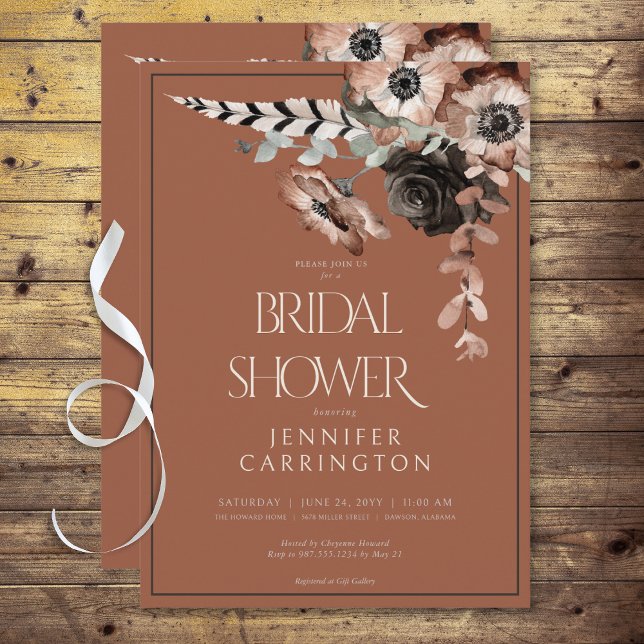 Boho Rust Black & White Flowers Bridal Shower Invitation (Boho Rust Black & White Flowers Bridal Shower Invitation)