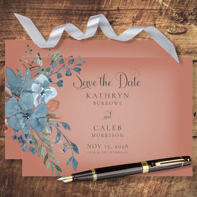 Boho Rust & Blue Floral Save the Date Card (Creator Uploaded)