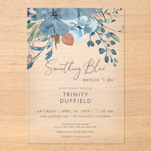 Boho Rust Blue Floral Something Blue Bridal Shower Acrylic Invitations (Front)