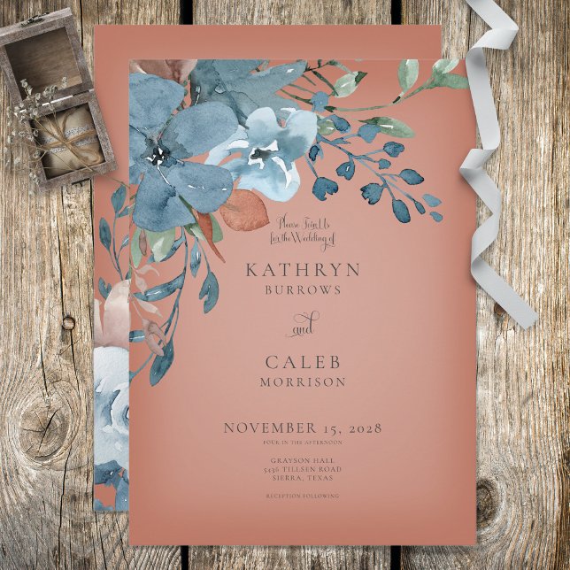 Boho Rust & Blue Floral Wedding Invitation (Creator Uploaded)
