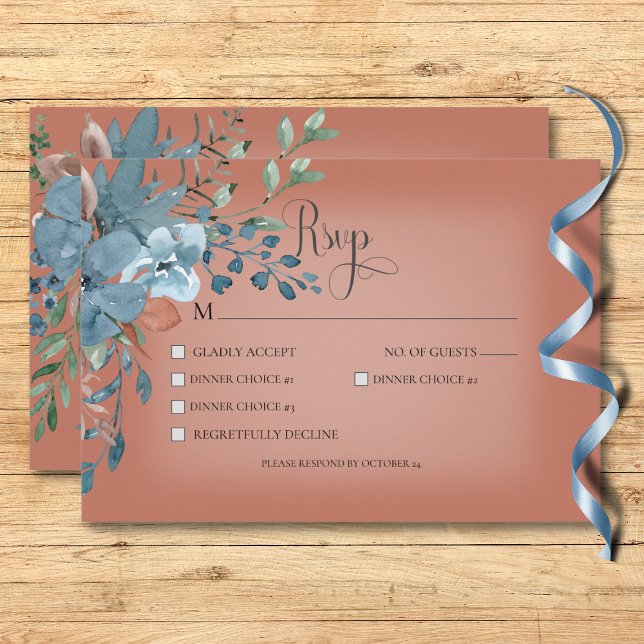 Boho Rust & Blue Floral Wedding Rust Dinner RSVP Card (Boho Rust & Blue Floral Wedding Rust Dinner RSVP Card)