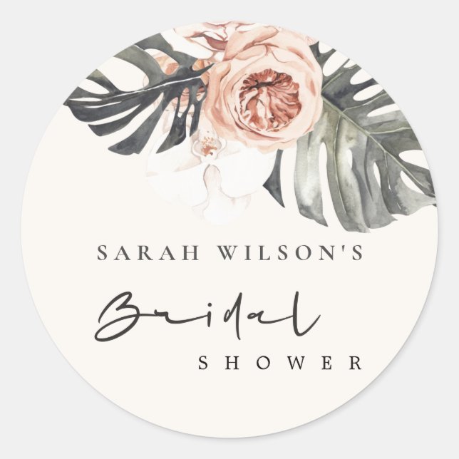 BOHO RUST BLUSH MONSTERA FLORAL BRIDAL SHOWER CLASSIC ROUND STICKER (Front)