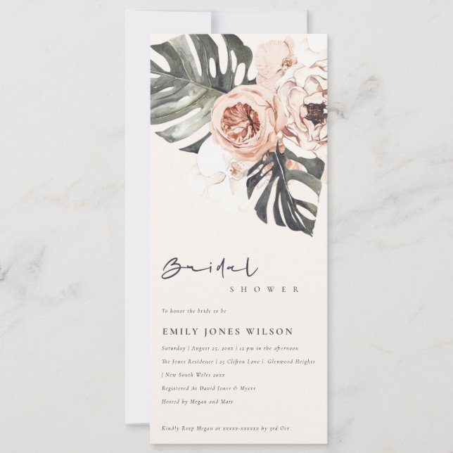 BOHO RUST FLORAL MONSTERA LEAVES BRIDAL SHOWER  IN INVITATION (Front)