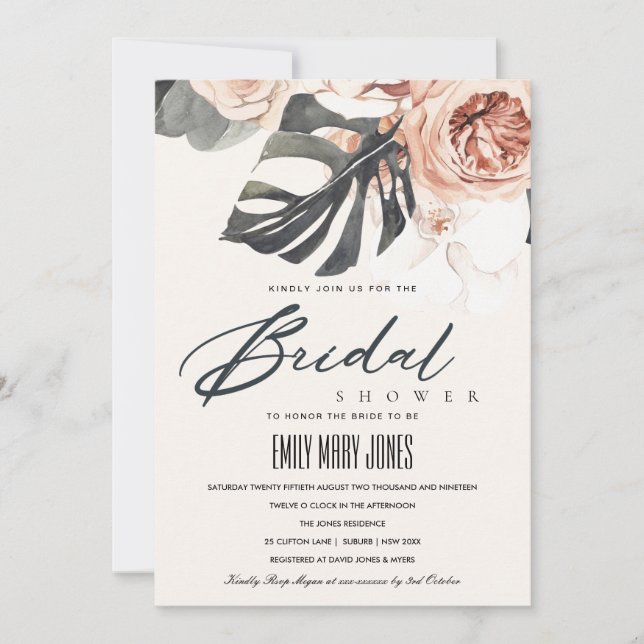 BOHO RUST FLORAL MONSTRERA BRIDAL SHOWER INVITE (Front)