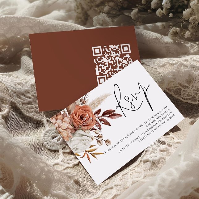 Boho Rust Florals Script QR Code Wedding RSVP  Enclosure Card (front and back view)
