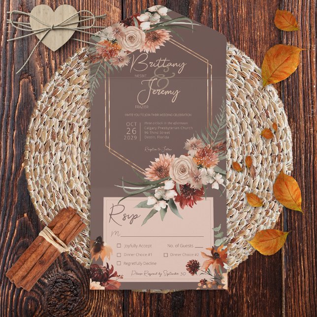 Boho Rust & Neutral Fall Floral Brown Dinner All In One Invitation (Creator Uploaded)
