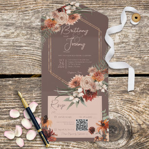 Boho Rust & Neutral Fall Floral Brown QR Code All In One Invitation