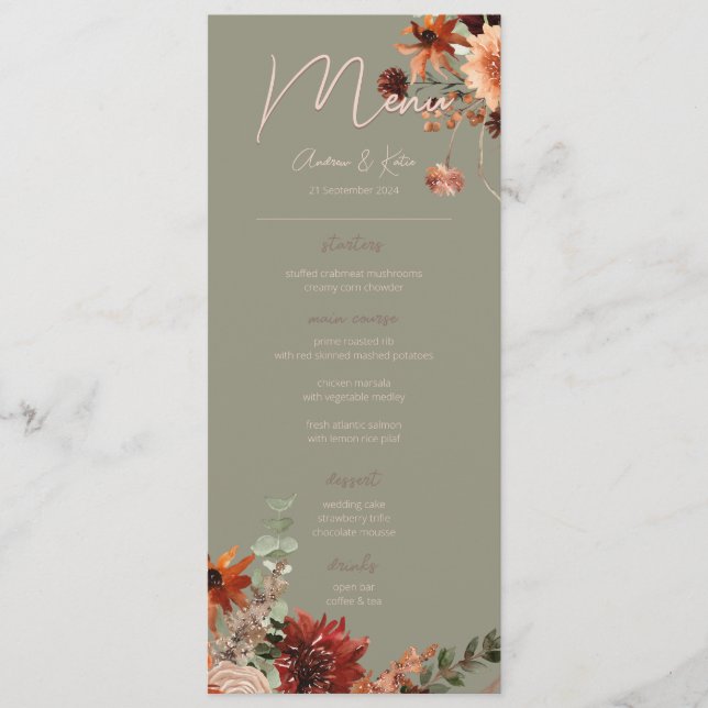 Boho Rust & Neutral Fall Floral Green Wedding IV Menu (Front)