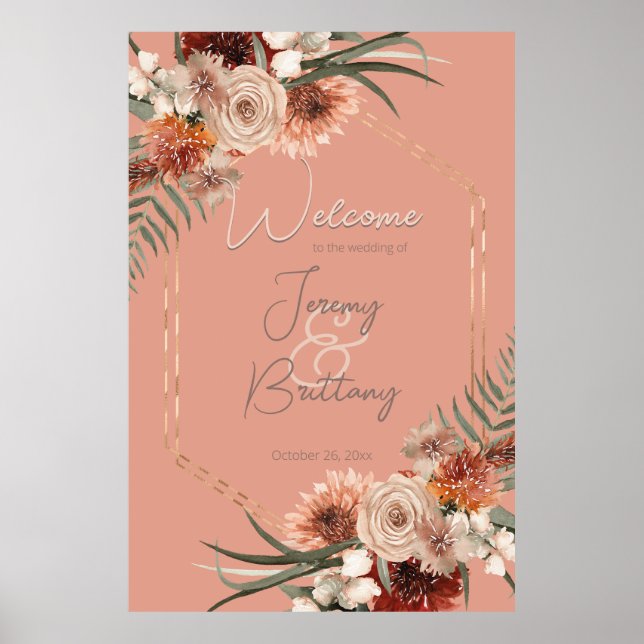 Boho Rust & Neutral Fall Floral Peach Rust Frame Poster (Front)