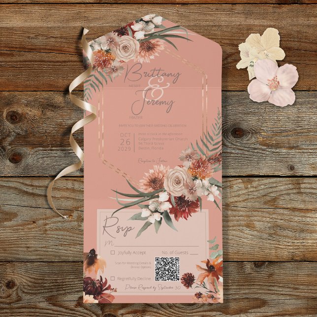 Boho Rust & Neutral Fall Floral Peach Rust QR Code All In One Invitation (Also available without a QR code; with or without dinner selection options.)