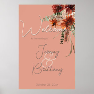 Boho Rust & Neutral Fall Floral Peach Rust Wedding Poster