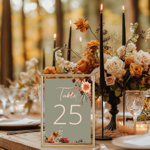 Boho Rust & Neutral Fall Floral Sage Green Table Number
