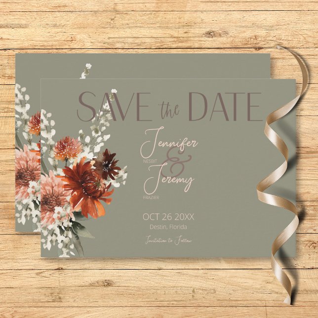 Boho Rust & Neutral Fall Floral Sage Green Wedding Save The Date (Boho Rust & Neutral Fall Floral Sage Green Wedding Save The Date Card)