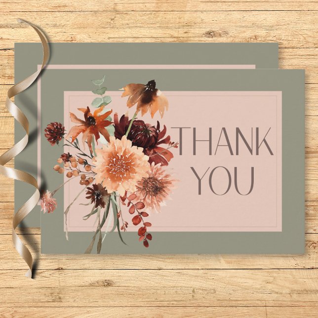Boho Rust & Neutral Fall Floral Sage Green Wedding Thank You Card (Boho Rust & Neutral Fall Floral Sage Green Wedding Thank You Card)