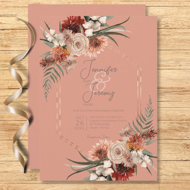 Boho Rust & Neutral Peach Rust Fall Floral Wedding Invitation (Boho Rust & Neutral Peach Rust Fall Floral Wedding Invitation)