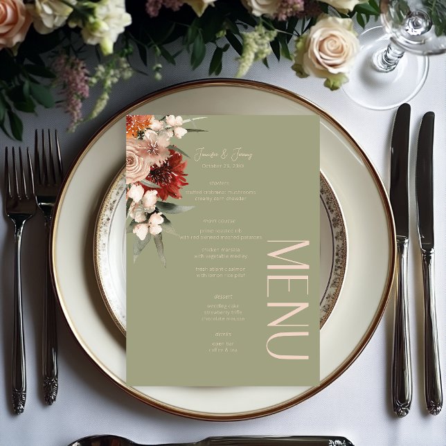 Boho Rust & Neutral Sage Green Fall Floral Wedding Menu (Creator Uploaded)